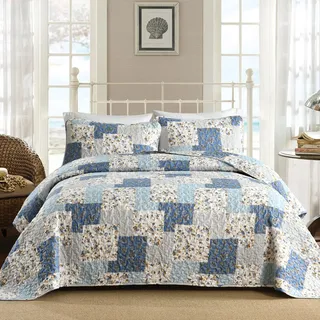 Mybedsoul Hellblaues Steppdecken-Set für Queen-Size-Betten, 3-teilig, Boho-Plaid, Blumenmuster, Mikrofaser, leicht, Bohemian-Bettwäsche, Tagesdecke, Decken-Set für alle Jahreszeiten, 228,6 x 243,8 cm