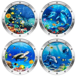 3D Wandtattoo Unterwasserwelt, 4 Pcs Wandtattoo Badezimmer Bullauge deko, Wandsticker Badezimmer Bilder Bullauge Unterwasserwelt Wandaufkleber (Schildkröte Silber)