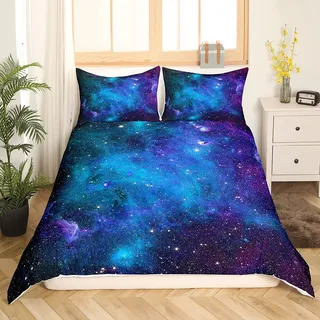 Homewish Galaxie Serie Tröster Deckel Set Blau Lila Sternenhimmel Gedruckt Dekor Bettwäsche Set für Frauen Teenager Jungen Universum Weltraum Thema Bettbezug Nebel Galaxie Tagesdecke, 135x200