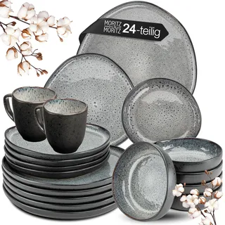 Moritz & Moritz Steingut Geschirrset 6 Personen mit Tassen - 24-teiliges Geschirr Set - Teller Set bestehend aus 6x Dinnerteller, Dessertteller, Suppenteller und Tassen - Serie Organic