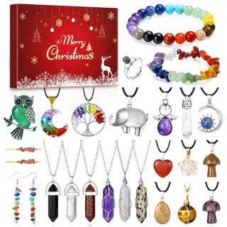 Schmuck Adventskalender 2026 Für Frauen Teenager Mädchen, 24 Stück Natürlicher Edelstein Schmuck Halskette Ring Armband Ohrringe, Geschenk Für Mama Freundin Tochter, Mit Deutscher Anleitung