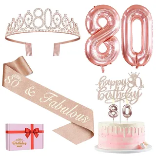 80. Geburtstag Frau Deko, 80. Geburtstag Krone und Schärpe, Happy Birthday Tortendeko Kerzen, Luftballons Rosegold, Geschenke für Frauen 80 Jahre