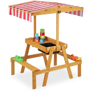 Relaxdays Kindersitzgruppe, Sitzbank mit Spieltisch, Sonnenschutz, Outdoor, Holz Matschküche HBT 110 x 65 x 83 cm, Natur