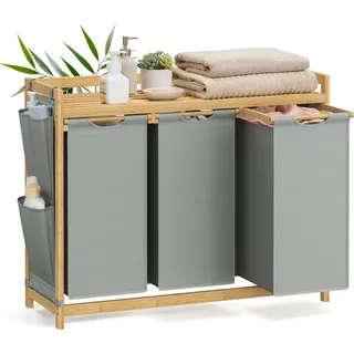 Songmics Wäschekorb 3 Fächer, Bambus, Wäschesammler 150 L,