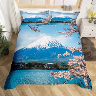 Loussiesd Japanisch Style Bettbezug Set Mount Fuji Bettwäsche Set 135x200cm für Kinder Jungen Mädchen Dekor Kirsche Blütes Betten Set Mikrofaser Blau Sky Bettdeckenbezug Blumen Florals Bettwäsche