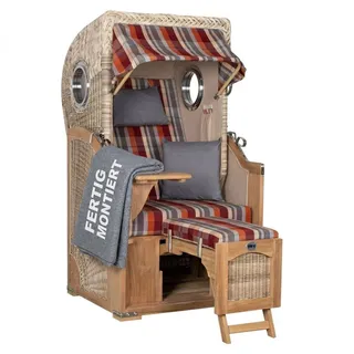 MR.DEKO Strandkorb 1-Sitzer Single Teak Shell Volllieger mit Bullaugen, BxTxH: 96x80x165 cm, Vollieger, Düne Single, (Fertig montierter Strandkorb für Garten, Terrasse & Balkon, 1-tlg), Wetterfester Volllieger mit Edelstahlbeschlägen & waschbaren Polstern rot