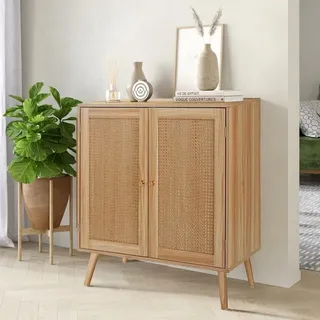 Garvee Sideboard Rattan Kommode Holz mit 2 Türen, Wiener Geflecht Schrank Anrichte Boho Holzschrank mit Massivholzfüßen & Verstellbarem Einlegeboden für Wohnzimmer, Flur, Küche, 80x40x88cm, Natur