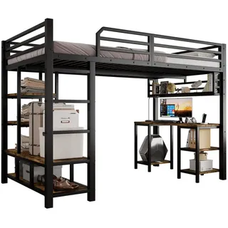 SOFTWEARY Hochbett mit Schreibtisch und Regal (120x200 cm) Kinderbett mit Rausfallschutz und Leiter, Metallbett