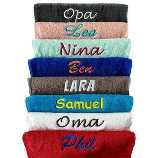 Schnoschi Handtuch mit Namen Bestickt | Wunschtext & Motiv personalisiert | 2 Zeilen inklusive | 100% Baumwolle | Saunatuch Badetuch Duschtuch Gästehandtuch | Individuelle Geschenkidee viele Farben