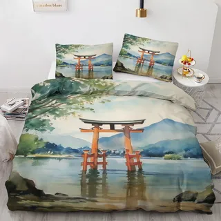 zcwl Japanisches Torii Bettwäsche 200x220, Orientalisch Asiatisch Bettbezug Set 3 teilig, Weiche Kuschelige Mikrofaser Bettwäsche-Sets, Wendebettwäsche und 2 Kissenbezug 80x80 mit Reißverschluss