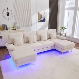 MODFU Ecksofa Schlafsofa mit LED,Loungesofa mit USB-C-Port und 4 Kissen,Modulares Sofa mit ergonomische Rückenlehne,Big Sofa,Beige - Beige