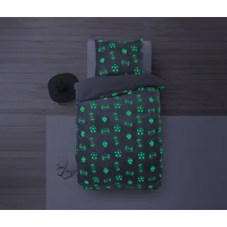Sitheim-Europe Kinderbettwäsche Glow in the Dark Bettwäsche-Set, verschiedene Muster, Teddy-Microfleece, 2 teilig, LEUCHTET IM DUNKEL grau