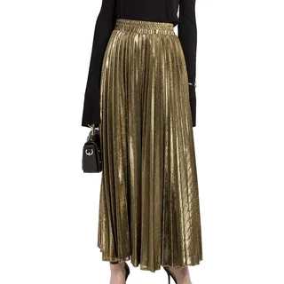 Faltenrock Maxi Damen Langer Plisseerock Hohe Taille Grelle Farbe Rock Gold L - L