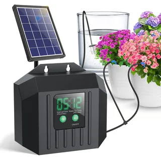 Biling 4W Solar Bewässerungssystem Balkon mit 2200mAh Akku Tag & Nacht | 168 Modi, 15m Schlauch, max. 450l/h Automatische Bewässerung für 15-20 Töpfe Garten Hochbeet Gewächshaus Topfpflanzen Urlaub