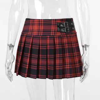Ecoodisk Plaid Faltenrock Vintage Belt Reißverschluss High Taille A-Line Minirock Frauen Vintage Harajuku Streetwear-Red,M