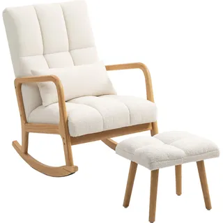 HOMCOM Schaukelstuhl mit Hocker Schaukelsessel mit Fleece-Bezug, Armlehnen, hoher Rückenlehne, Holzkufen, Gepolstert Schwingsessel Relaxsessel Stillsessel für Wohnzimmer, Schlafzimmer Weiß   Aosom