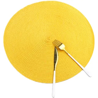 SWECOMZE 6er Set Platzsets Rund Tischsets Abwaschbar Hitzebeständig Platzdeckchen Gewebt 38cm Baumwolle Platzsets für Küche, Party, Hochzeit (Gelb)