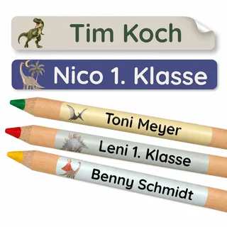 Petite Print® Namensaufkleber für Stifte – (75 Stück) personalisierte Mini-Namensetiketten für Kinder, Schule & Kita, wasserfest & spülmaschinenfest (Dino Trex)