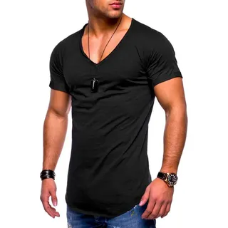 behype T-Shirt BHSOLIN Herren Basic Kurzarm V-Neck Oversized Shirt V-Ausschnitt schwarz S
