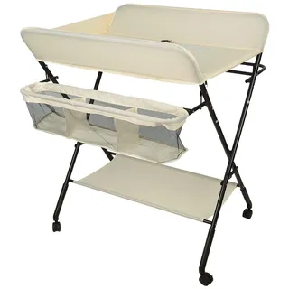 Wickelkommode Klappbar Babypflegetisch, Mobiler Wickeltisch, Tragbar Wickeltisch, Wickeltisch mit Sicherheitsgurt Ablagefächern (80 * 66 * 98cm/beige)