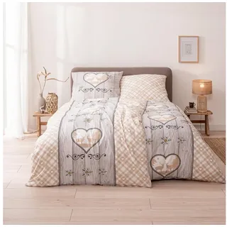 MTOnlinehandel Bettwäsche Landhaus Vintage, 100% Baumwolle, Renforcé, 2 teilig, Oktoberfest Partnerbettwäsche in Karo-Design und Holzoptik beige