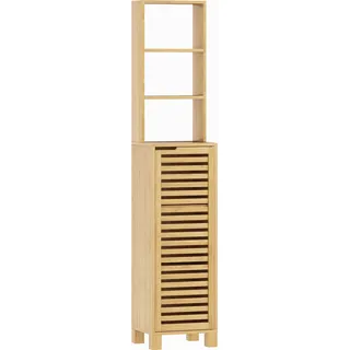 HOMCOM Badezimmerschrank schmal, Hochschrank Toilettenschrank mit 3 offenen Regalen, verstellbaren Regalen, Lamellentür, Badschrank aus Bambus für Badezimmer, Wohnzimmer 34 x 30 x 170 cm, Natur   Aosom