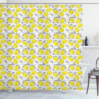 ABAKUHAUS Zitronen Duschvorhang, Skizziert Lemon Pattern, Stoffliches Gewebe Badezimmerdekorationsset mit Haken, 175 x 180 cm, Schwarz Weiß Gelb