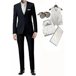 Freiherr von Falkenhausen Anzug Hochzeitsanzug 7tlg. blau marine Set Slim Set Hochzeitsweste Hemd slim fit (shape fit) 48