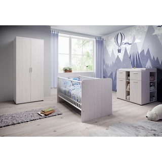 Babyzimmer Set 3-teilig- in Pinie Anderson Nachbildung -Mit Drehtürenschrank, Wickelkommode und Babybett 70x140 cm mit viel Stauraum