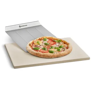 BURNHARD® Pizzastein & Schaufel 38x30 cm, Cordierit, für Ofen & Grill | Gasgrill & Holzkohlegrill aus Cordierit und Edelstahl für Brot, Flammkuchen & Pizza, rechteckig, 38 x 30 x 1,5 cm