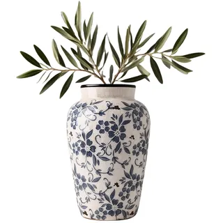 Blau und Weiß Porzellan Vase, Blumenvase Keramik Vintage, Kleine Vasen Deko Rustikal Handgefertigt Asiatische Vasen mit Antike Eisriss-Glasur für Heimdekoration 15,5 x 24,5 cm (L)