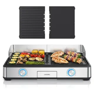 Arendo Tischgrill, Elektrogrill, Balkongrill, 2 Grillzonen, elektrisch, Spritzschutz, 2800 W, Antihaftbeschichtung, Temperaturregelung, für Balkon... - Schwarz