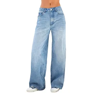 FUZUAA Damen Jeans Hose High Waist Baggy Straight Leg Einfarbig Bootcut Jeanshose Weite Bein Boyfriend Cargo Jeans Streetwear Y2K Schlaghose