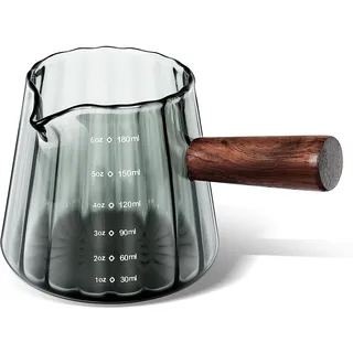Joeyan 180ml Espresso Messbecher Glas mit Holzgriff, Klein Milchkännchen,Borosilikatglas Measuring Cup,Barista Zubehör mit Skala ml & oz,Küche Messgläser mit V-förmiger Ausguss,Spülmaschinenfest,Grau