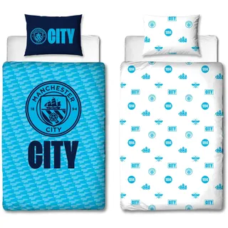 Manchester City FC Offizielles Bettwäsche-Set für Einzelbett, Crestcol-Design, wendbar, 2-seitig, Fußball-Bettwäsche, offizielles Lizenzprodukt, inkl. passendem Kissenbezug, Blau