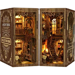 Book Nook Kit aus Holz - DIY 3D Puppenhaus Miniatur Haus Holzpuzzle, Kreatives Bücherregal Deko-Set mit Led Licht, 3D Puzzle & Buchstütze, Geschenk für Erwachsene/Leser (Antike Bücher)