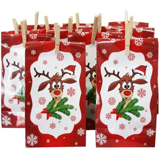 Adventskalender Didi mit 24 Tüten aus Papier + 24 Mini-Holzklammern + Sticker 1-24 - Geschenktüten Weihnachtsgeschenktüten