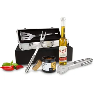 Römer Präsente Geschenkset Das Grillset: 7-teilig; 3-teiliges ROMINOX Edelstahl Grillbesteck in hochwertigem Koffer + Chili-Grillöl (0,2 L) + 75 g Wajos BBQ Rub Grillgewürz + Geschenkbox