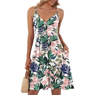 AUSELILY Sommerkleid Damen Spaghetti-Träge V-Ausschnitt Freizeitkleid Strandkleid mit Taschen Rosa grüne Blumen M - M