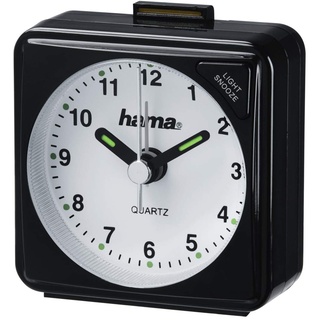 Hama analoger Wecker inkl. Batterie (batteriebetriebener Reisewecker mit schneller werdendem Alarm und Schlummerfunktion, Wecker mit Licht, fluoreszierender Stunden- und Minutenzeiger) schwarz