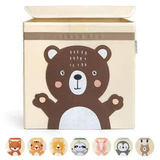 Lucky Sign Box Aufbewahrung Kinder Extra Stabile Spielzeugbox mit Deckel Ordnungsbox Wasserdicht und Waschbare Spielzeugaufbewahrung für Kinder Spielzeugbox mit Tier Motiv, 33x33x33 cm - Bärchen