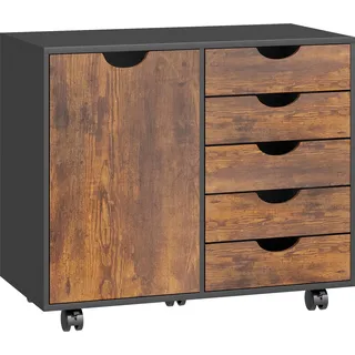 HOMCOM Rollcontainer mit 5 Schubladen und 1 Tür, verstellbares Fach, Aufbewahrungsmöbel für Büro, Rollcontainer auf Rollen, für Dokumente und Schreibwaren, 78 x 40 x 66,5 cm, rustikalbraun   Aosom