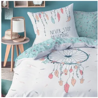 MTOnlinehandel Bettwäsche Traumfänger Biber 155x220 + 80x80 cm, 100 % Baumwolle, Flanell / Biber, 2 teilig, Boho Deko, Wintermotiv weiß