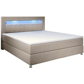 Juskys Boxspringbett Vancouver 120x200 cm - Bett mit LED, Topper & Federkern-Matratze – Stoff Beige