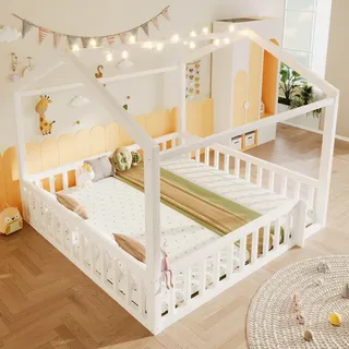 stilvora Flachbett 90x190cm*2/180x190cm mit LED-Perlen und Hausleiste, Kinderbett mit Gitter und Sicherheitsgeländer, Schlafbett flexibel kombinie... - Weiß