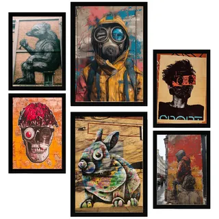 POSTER Set Mit 6 Graffiti Straßenkunst Im Banksy In Brauntönen A3 & A4 Schwarzer Rahmen