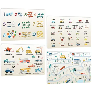 4ER Set - Lern Tischset Platzsets Kinder - Deutsch ABC Alphabet Zahlen Weltkarte und Affirmations Spruch mit Auto - rutschfest - Plastik Lernen Platzdeckchen aus Kunstleder - DIN A3