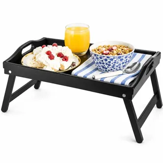 Sendez Betttablett Frühstückstablett Schwarz 50x30 cm – Serviertablett mit klappbaren Füßen aus Holz – Laptop Tablett Bett, Sofa Tablett für Frühstück, Snacks, Lesen & Arbeiten