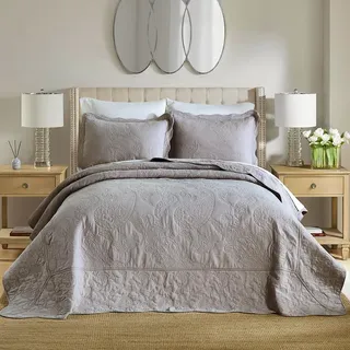 ENASAL Grau Tagesdecke aus Baumwolle 220x240cm, Bettüberwurf für Doppelbett Ganzjahresdecke Sofaüberwurf Gesteppte Decke Steppdecke mit 2 Kissenbezug,Grau