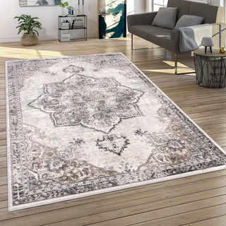 Paco Home Teppich Wohnzimmer Kurzflor Vintage Stil Moderne Ornamente Bordüre Grau, 7